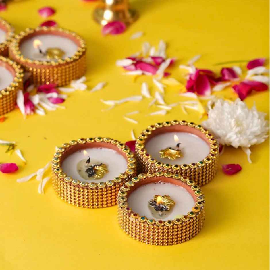 Golden Lace Katori Wax Diya | Designer Wax Diya | Pack Of 6 | Clay | DiaCraft