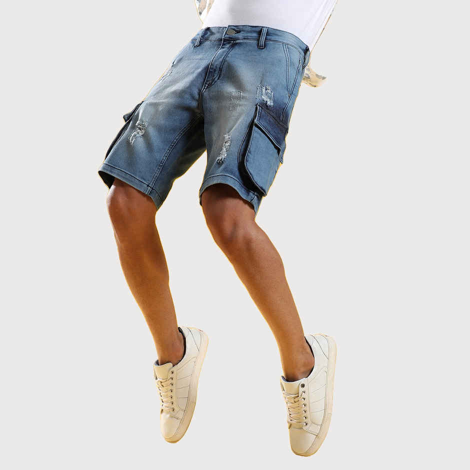 Campus Sutra Men's Distressed Cargo Denim Shorts | Blue - 36