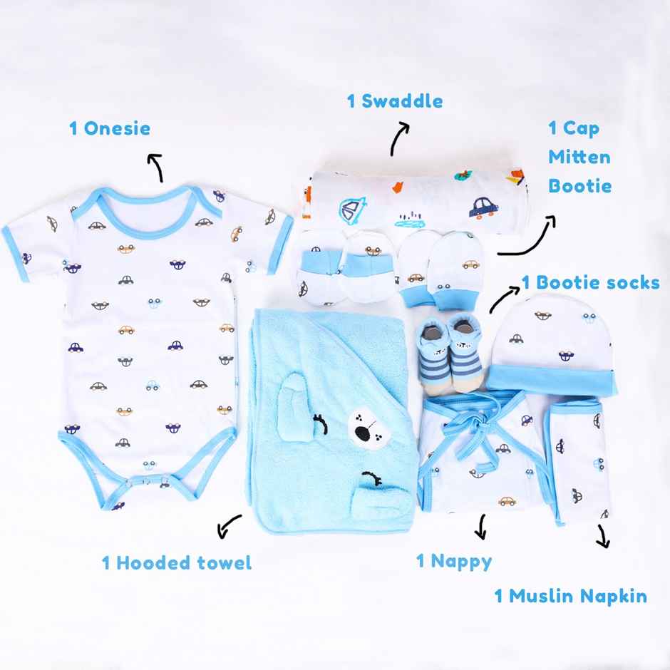 Moms Home Organic Cotton Baby Essentials 11 Items Gift Set | 0-3 Months | Car