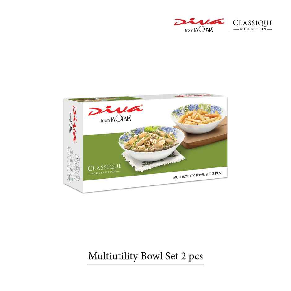 La Opala Diva Classique Multiutility Bowl Set of 2 | Opal Glass Bowl for Gifting - White