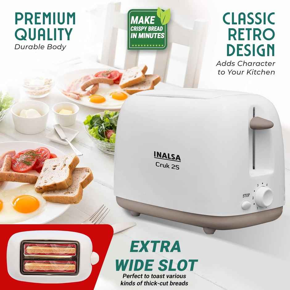 INALSA 2 Slice Cruk 2S Auto Pop-Up Toaster, 750 Watt Auto Shut-Off,(White)