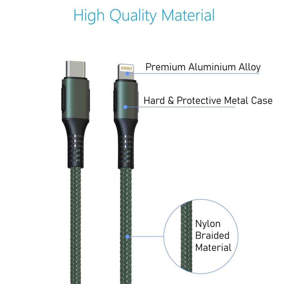 Portronics Konnect CL 20W POR-1067 Type-C to 8 Pin USB 1.2M Cable With Power Delivery & 3A Quick Charge Support, Nylon Braided For All Type-C and 8 Pin Devices - Green