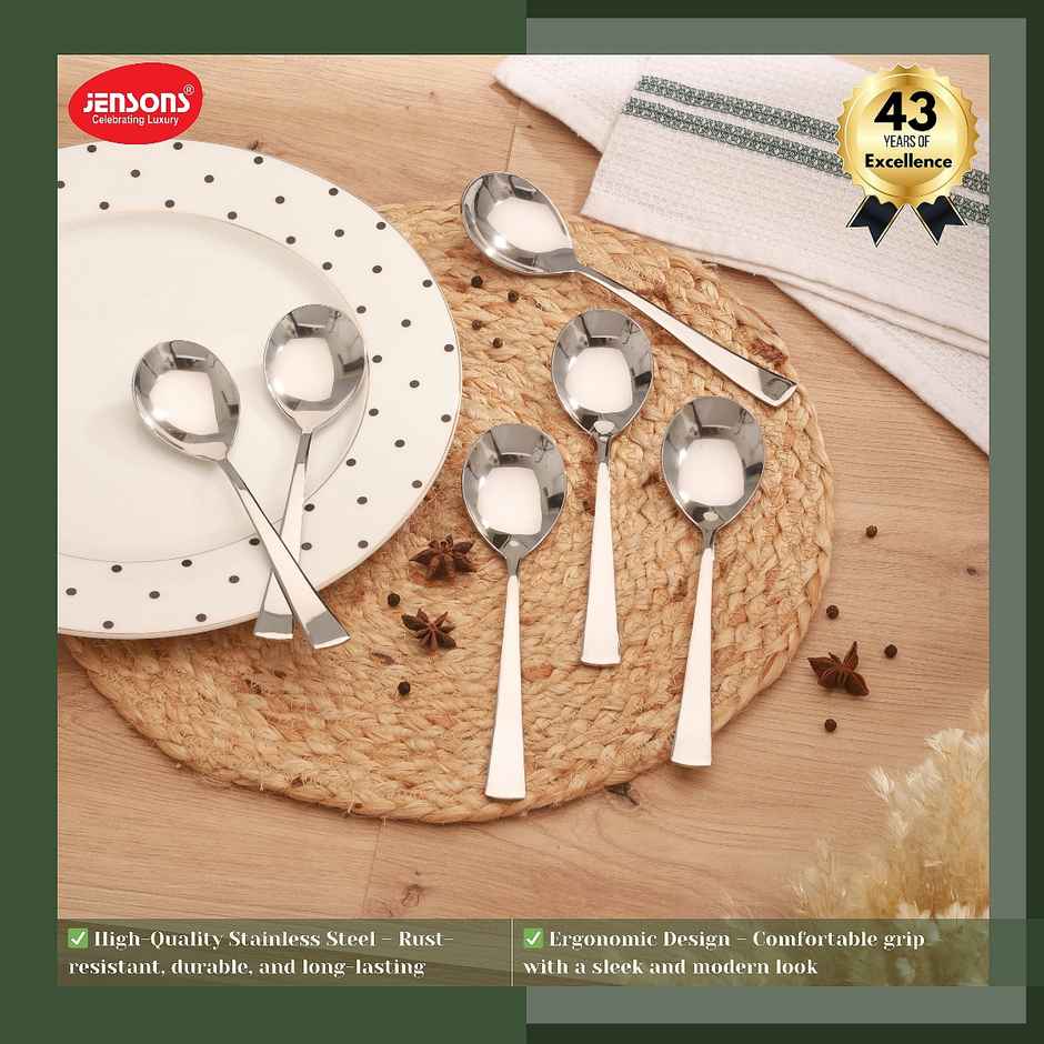 Jensons Dessert & Soup Spoon Set (6 Pcs) | Stainless Steel | Mirror Finish | Dining Set