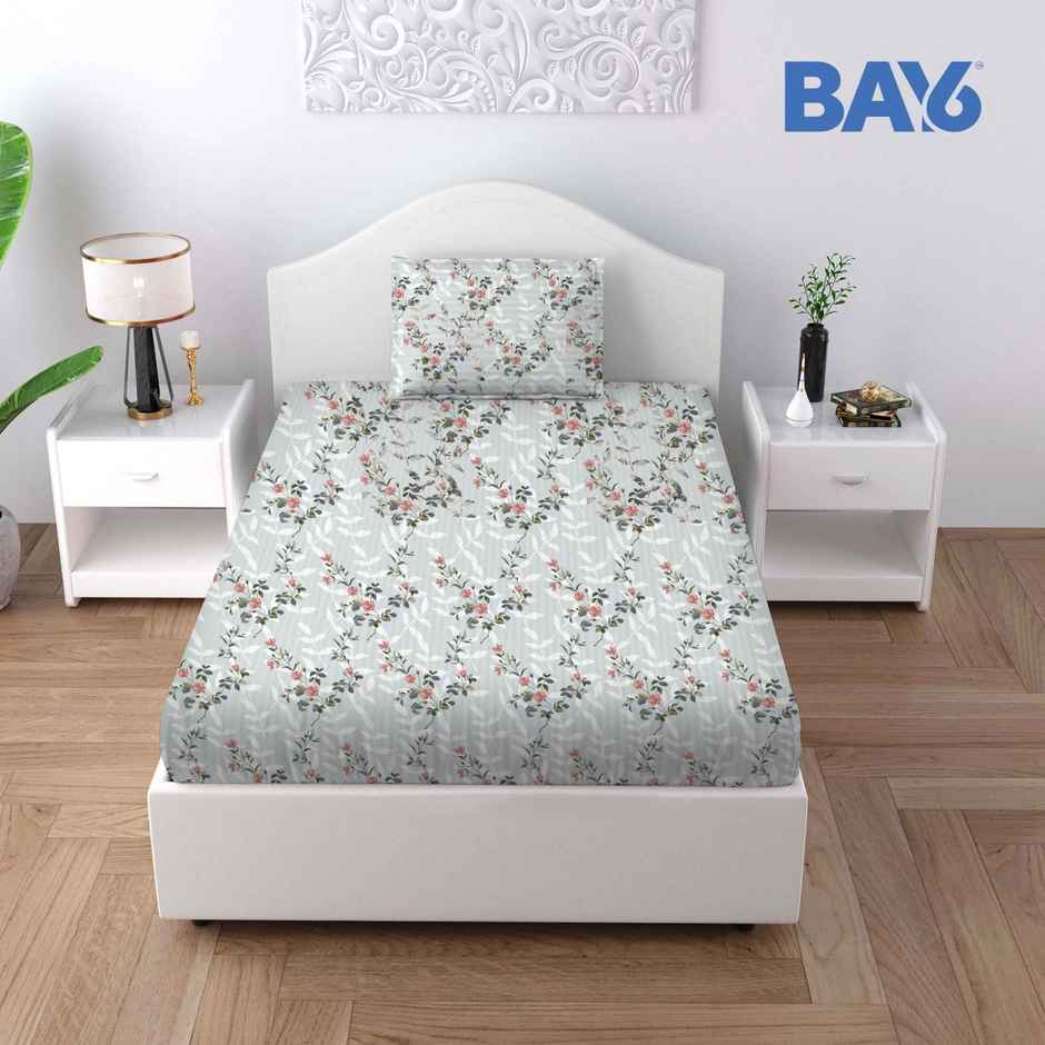 BAY6 Microfibre Floral Print Single Bedsheet with Pillow Cover | Grey | 59 x 87 in