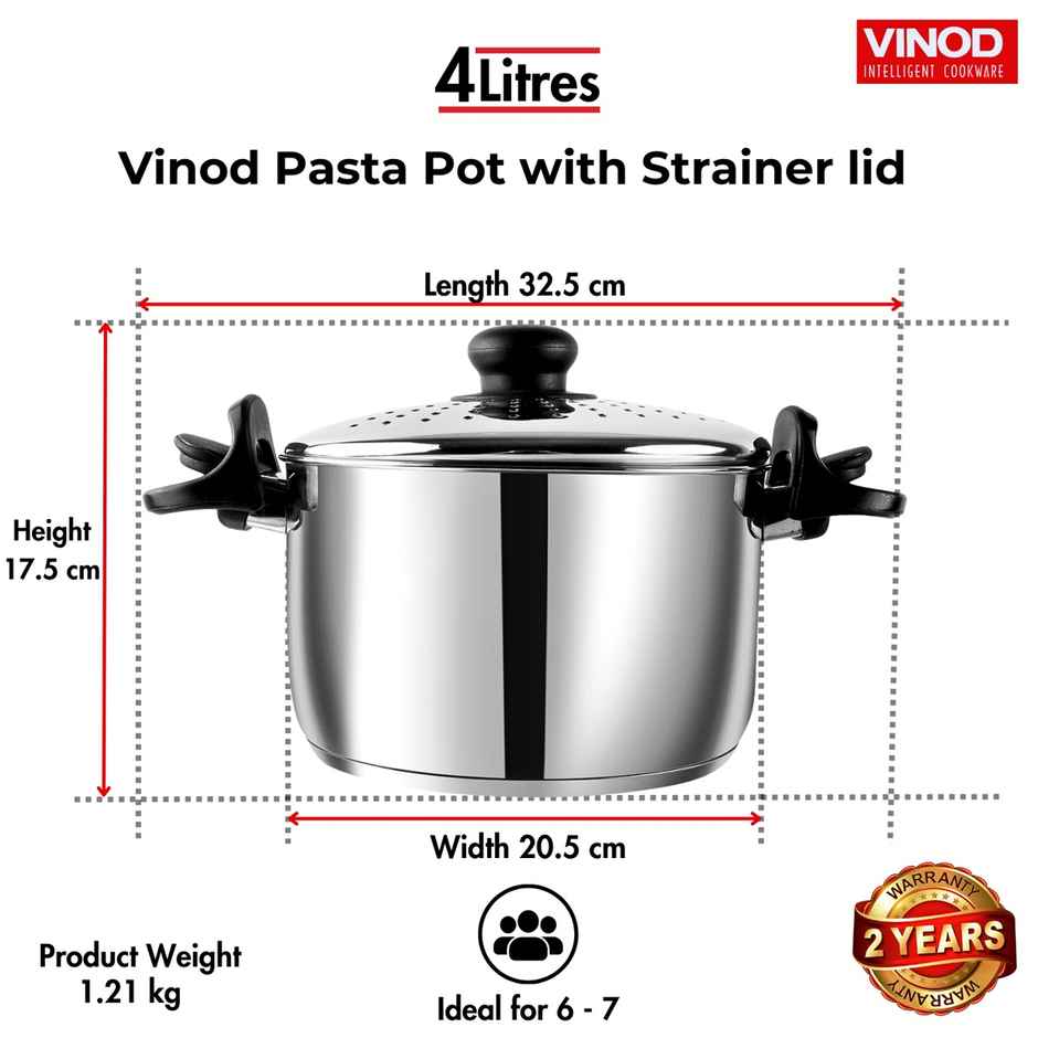 Vinod Stainless Steel Pasta Pot With Strainer Lid 4 Litres