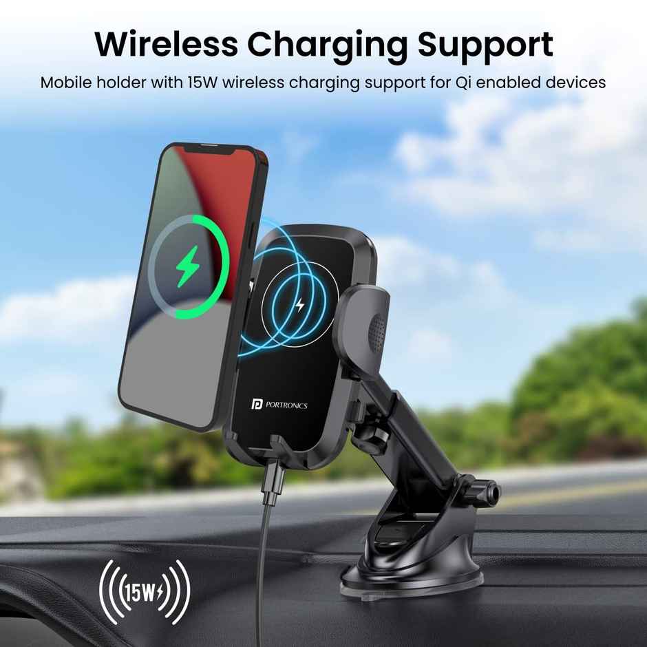 Portronics Charge Clamp 2, Mobile Holder With Wireless Charging - Black
