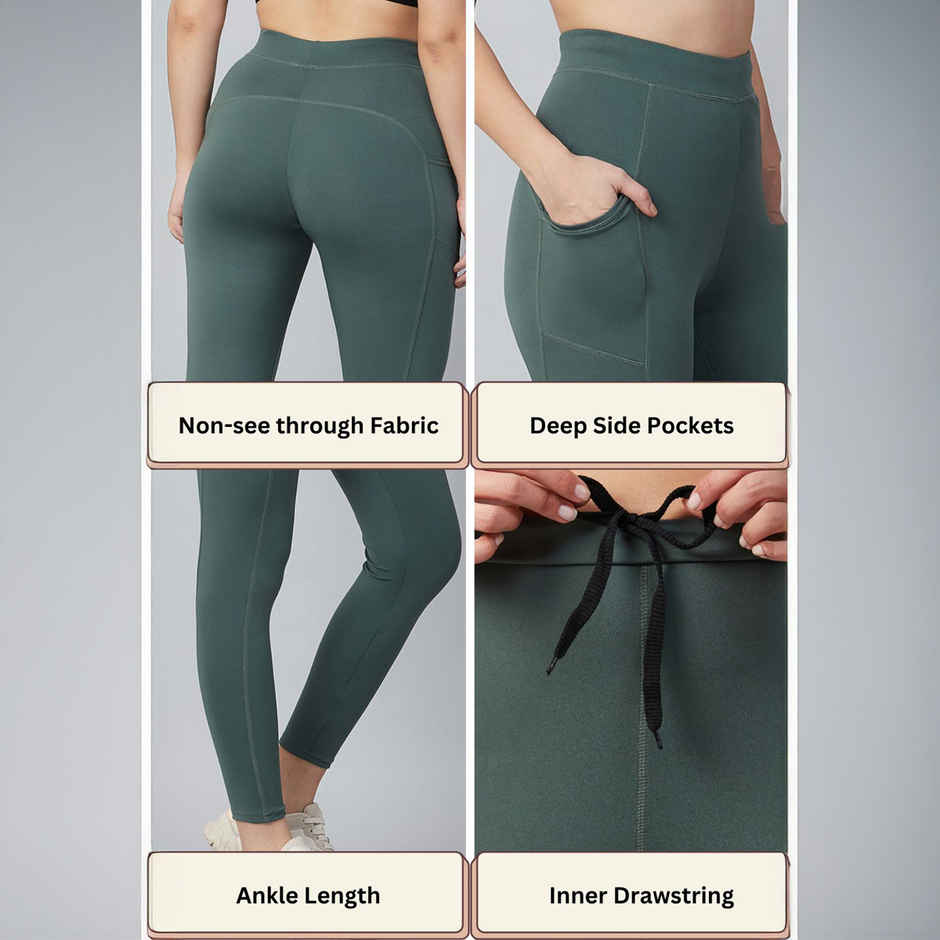 Blinkin Women's Gym Pants & Tights - Dark Green | Stretchable | With Side Pockets | M