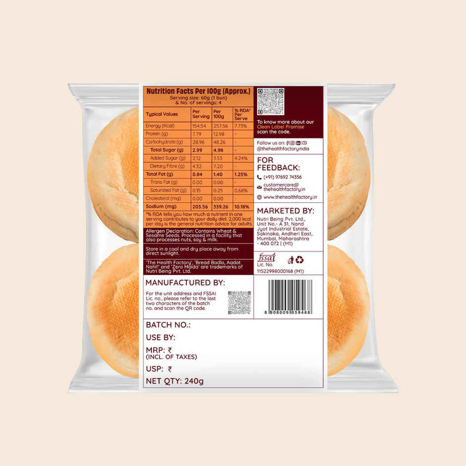 The Health Factory Burger Bun | Zero Maida | Whole Wheat Bun