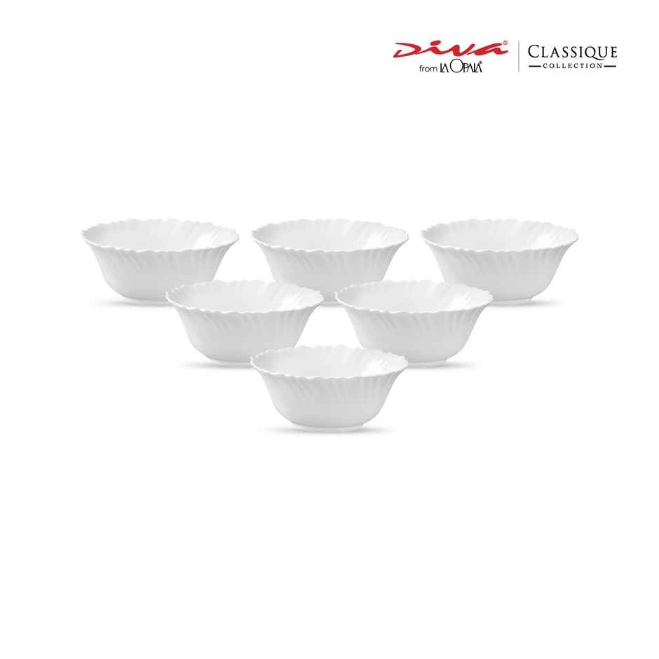 La Opala Diva Classique Veg Bowl Set of 6 | Opal Glass Bowl for Dining & Gifting - White