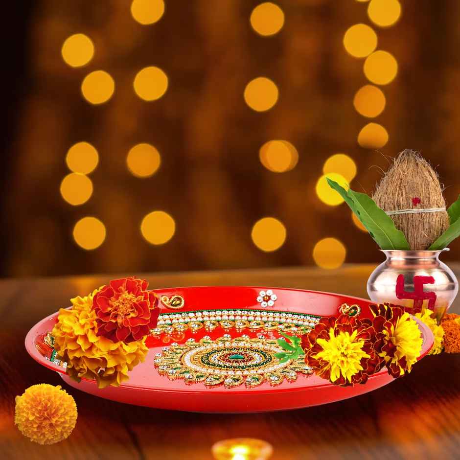 Decorative Red Pooja Thali | Beaded Work | 11 inch | Pichai