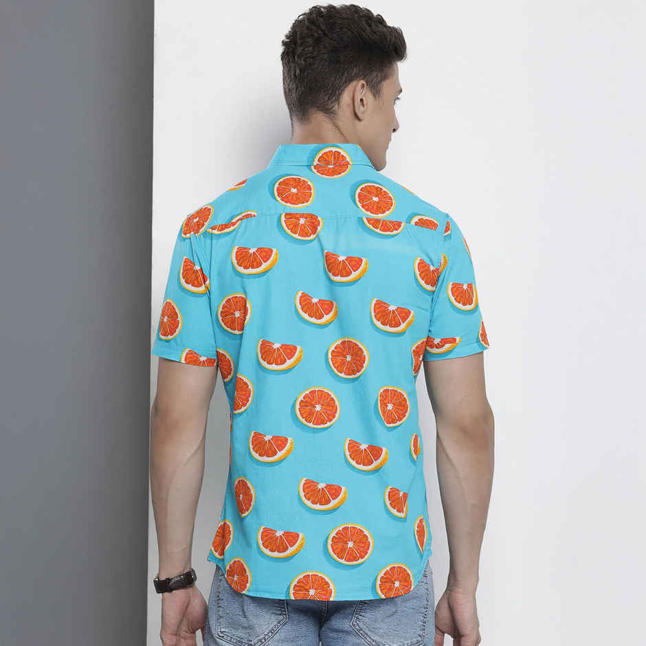 The Indian Garage Co Men's Slim Fit Tropical Casual Half Sleeve Shirt | Turquoise Blue - XL