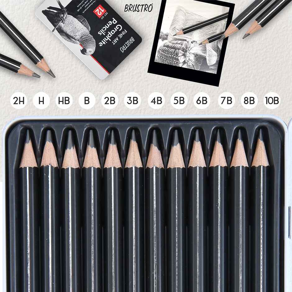 Brustro Artists Fine Art Graphite Pencil Set Of 12 | 10B - 2H | Tin Box