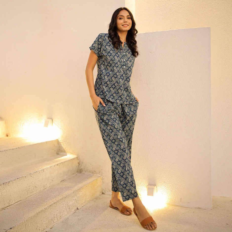 Sanskrutihomes Women's Printed Pure Cotton Night Suit | Navy Blue - L