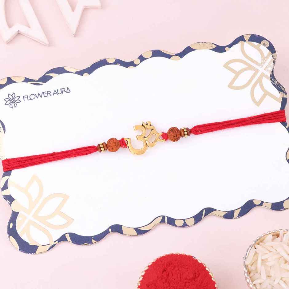 Sacred Om & Rudraksh Red Mauli Thread Rakhi | Religious | Pack of 1 | Floweraura