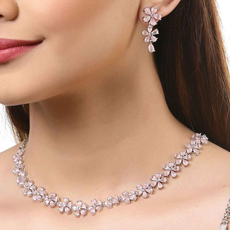 Zeneme Rhodium Plated AD Flower Shaped Jewellery Set For Women & Girls
