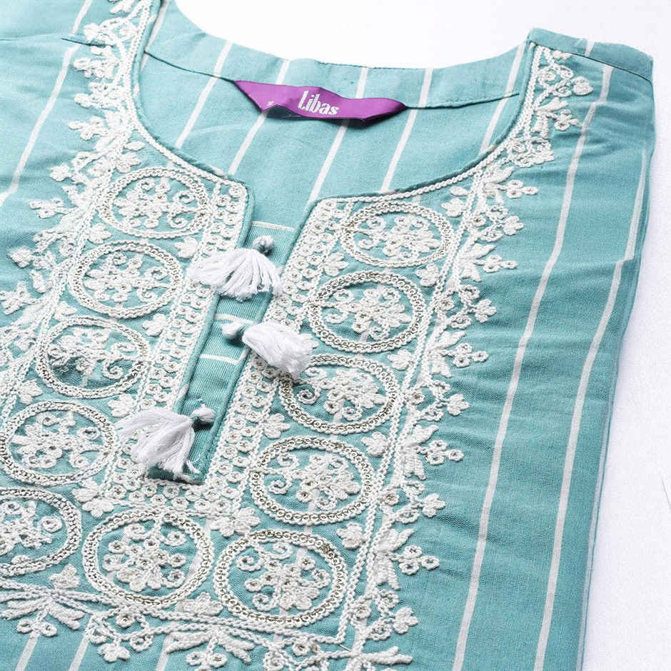 Libas Women Blue Cotton Embroidered Yoke Straight Kurta - 23637Os