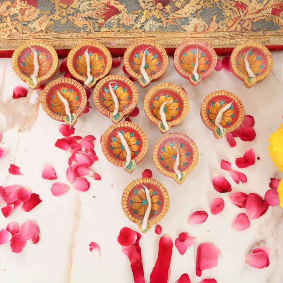 Pooja Special Earthen Diyas | Floral Design | Pack Of 12 | Designer Clay Diya| Mitti Diya-Pooja | Walton