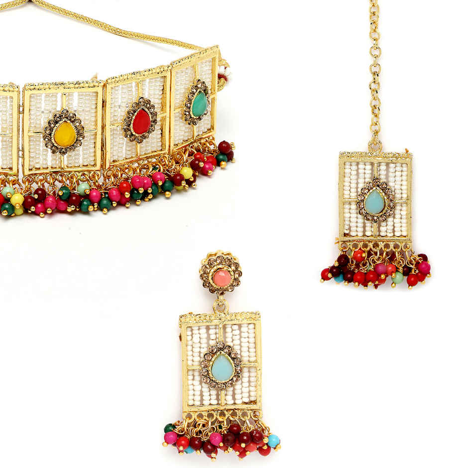 Sukkhi Beautiful Gold Plated Multi Beads Studded Collar Necklace Set