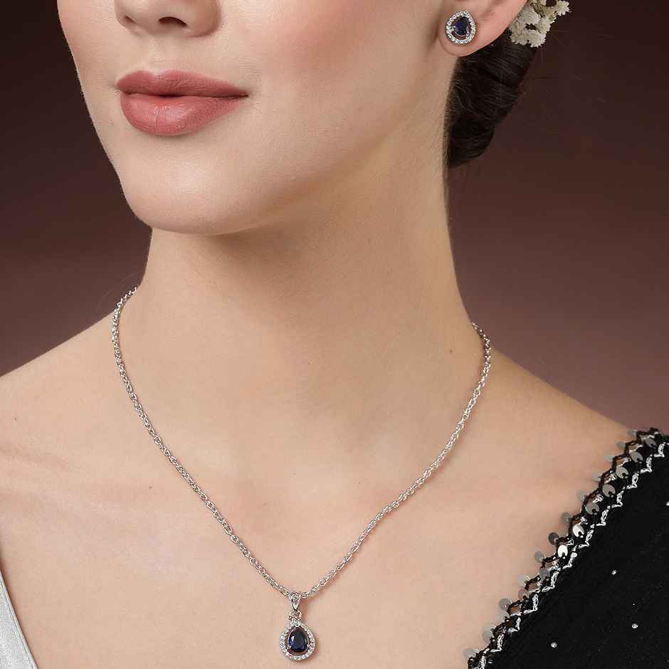 Zeneme Rhodium-Plated AD Studded Tear Drop Shaped Necklace and Earrings For Women & Girls