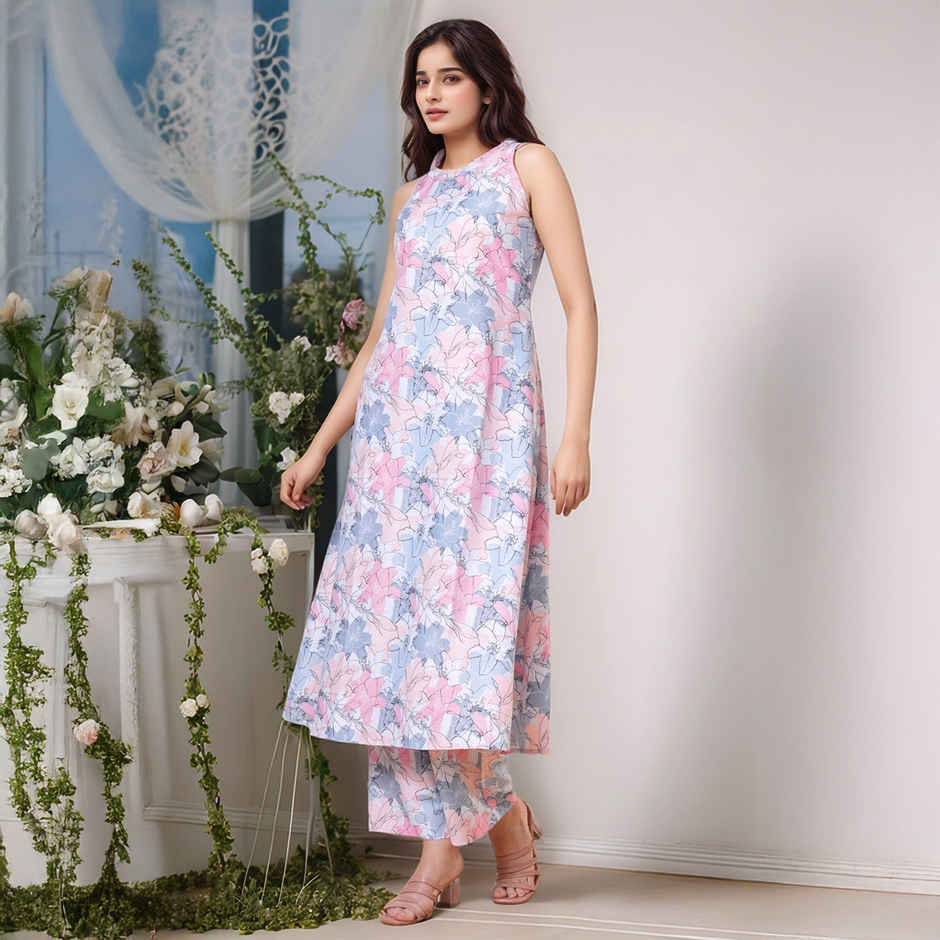 GoSriKi Women's Viscose Rayon Straight Printed Kurta with Pant | SBL | Grey - M