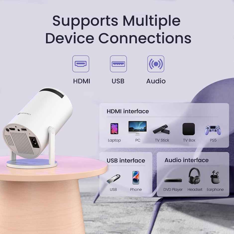 Portronics Beem 440 Smart LED Projector with 720p HD Resolution, Rotatable Design, Built-in Streaming Apps (Netflix, Prime Video, Hotstar), 2000 Lumens, Screen Mirroring, 3 Watts Speaker - White