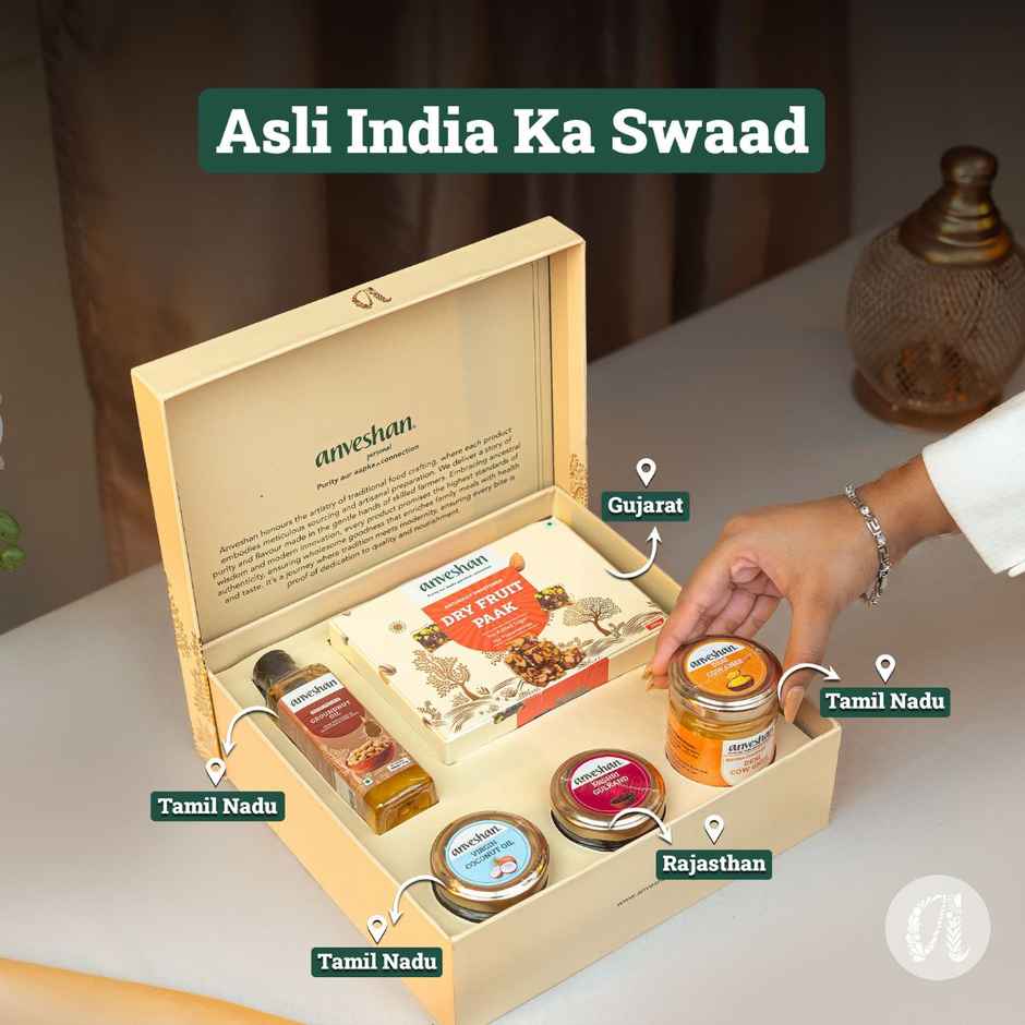 Diwali Gift Hamper | Dry fruit paak | Groundnut oil | A2 desi cow ghee | Virgin coconut oil | Mishri gulkand | Anveshan