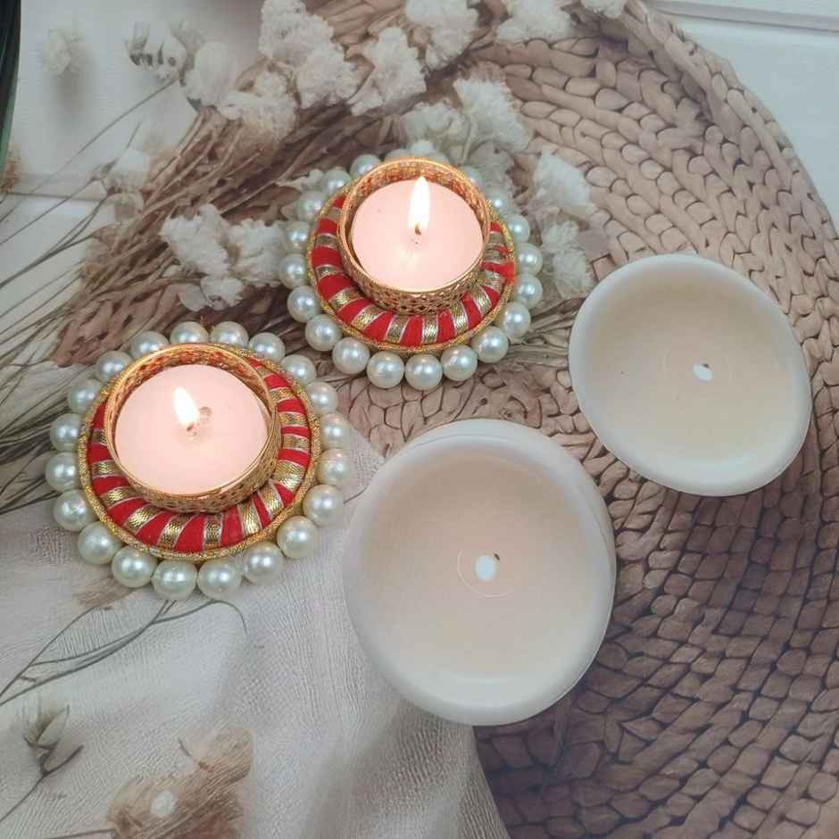 Gota And Pearls T-Light Holders | Pack Of 2 | Metal and Plastic | Assorted | Gullak