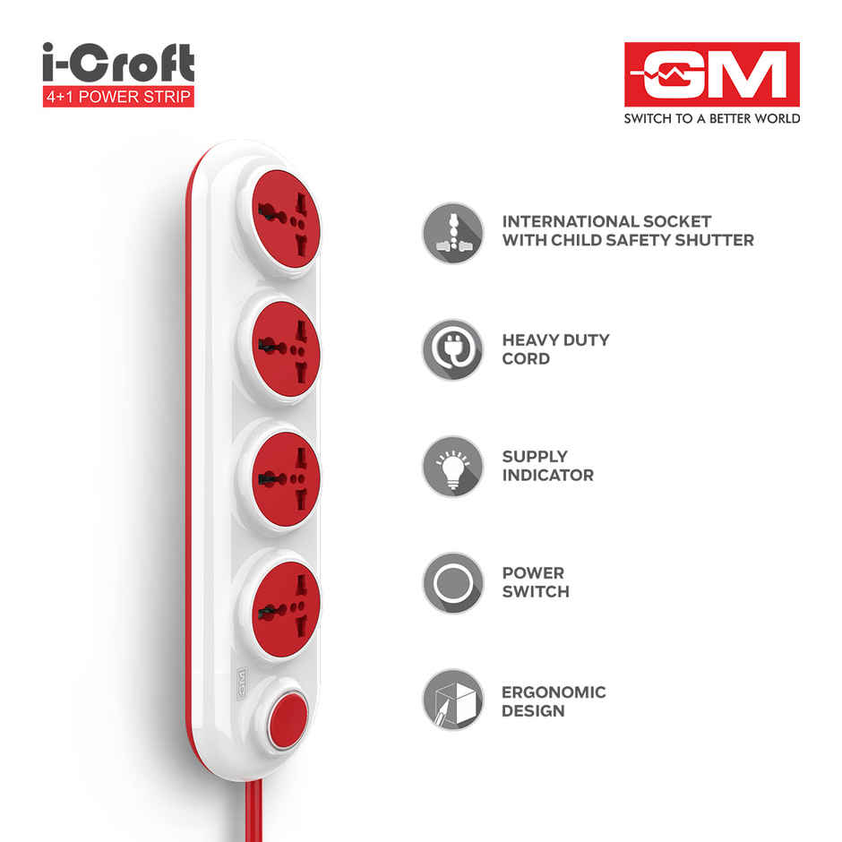 GM 3253 I-Croft 4+1 Power Strip - Master Switch | Indicator | Safety Shutter Combo