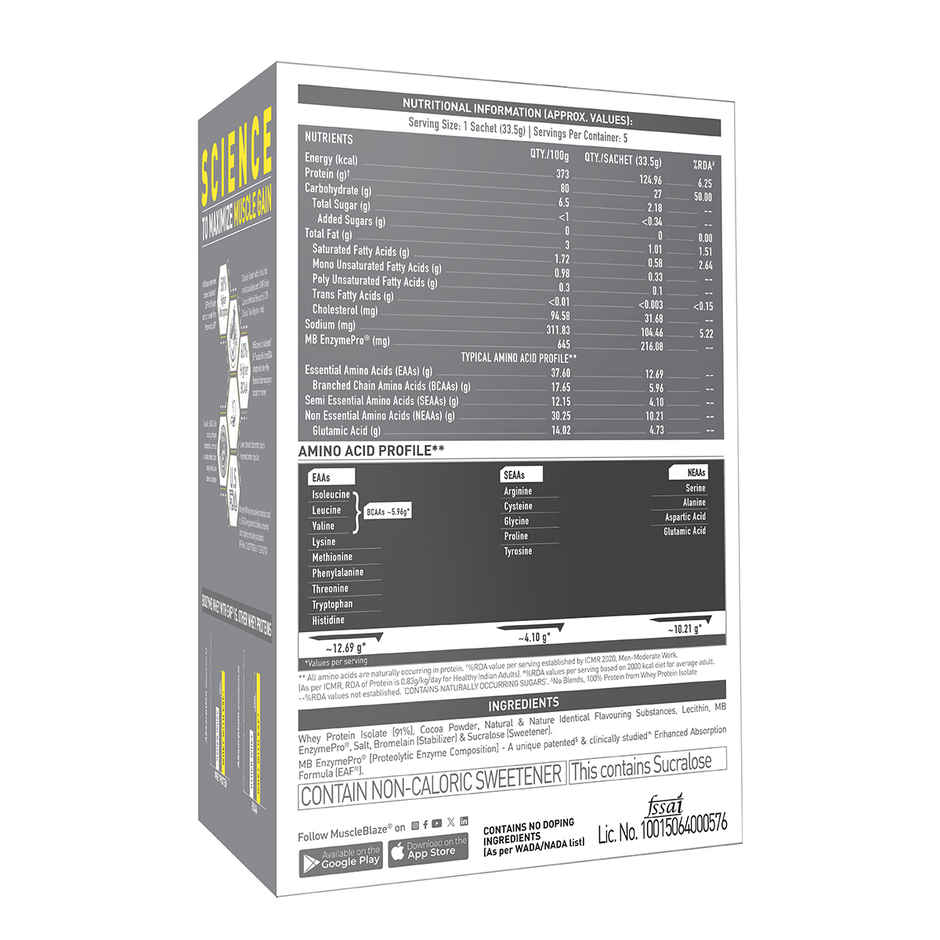 MuscleBlaze Biozyme Iso Zero Whey Protein Isolate Ice Cream Chocolate 5 Sachet Travel Pack