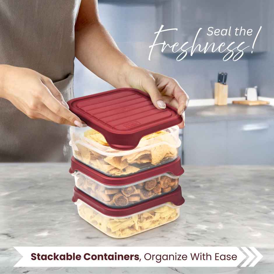 Flair Plastic Storewell Square Food Storage Containers 550Ml - Set Of 3, (Maroon), Food Grade