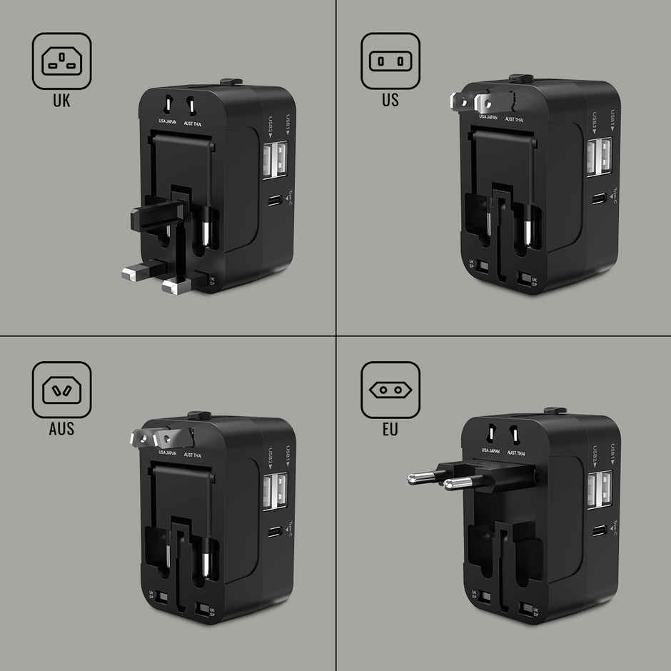 Goldmedal Bolt Plus Universal Travel Adaptor | 2 Type-A & 1 Type-C USB Ports | Black & White