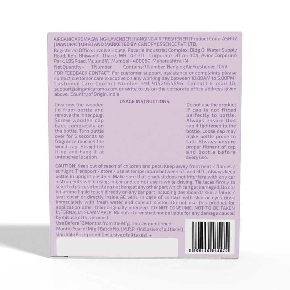 Airganic Aroma Swing Lavender Aroma With Essential Oils In Glass Bottle With Wooden Diffuser Lid Combo