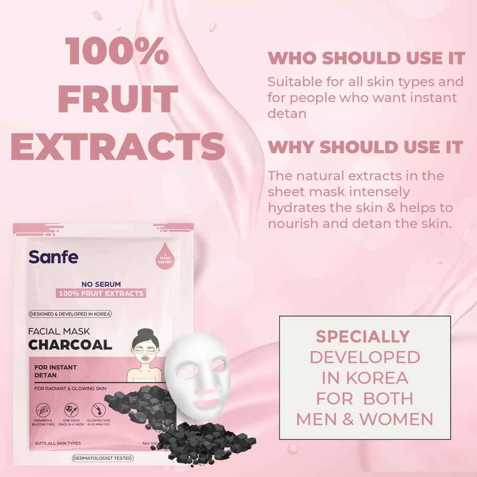 Sanfe Instant Detan Charcoal Face Mask | 100% fruit extracts, Korean Mask