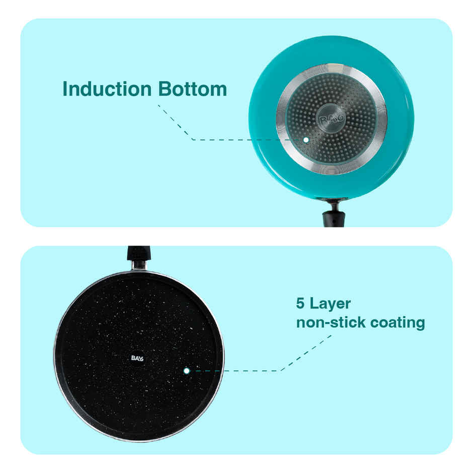 BAY6 Induction Bottom Nonstick Cookware Set (28 cm Tawa + 24 cm Fry Pan + 22 cm Kadai) - Teal - (3pc)