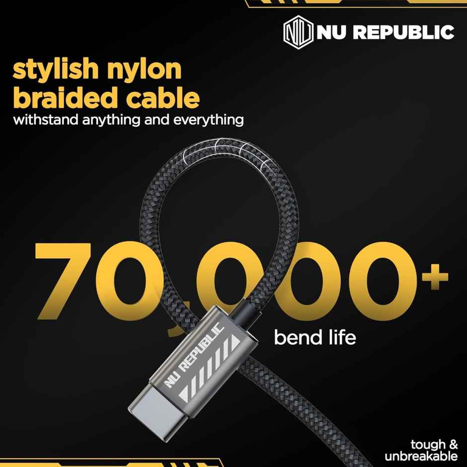 Nu Republic Blaze Flash 65W Type-C to Type-C Fast Charge Cable (Compatible with Mobile, Tablet, Laptop, One Cable),Type C 1.25 m - Grey