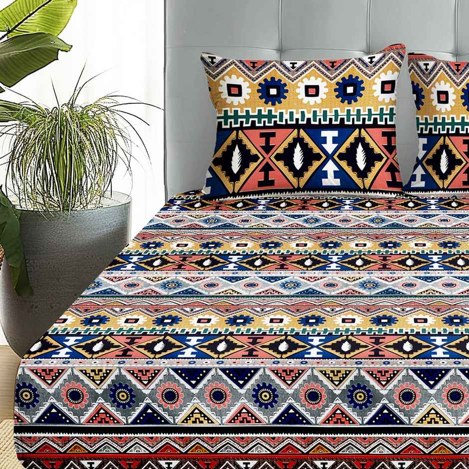 Story@home 240 TC Microfiber Double Printed Flat Bedsheet Beige & Grey | Aztec