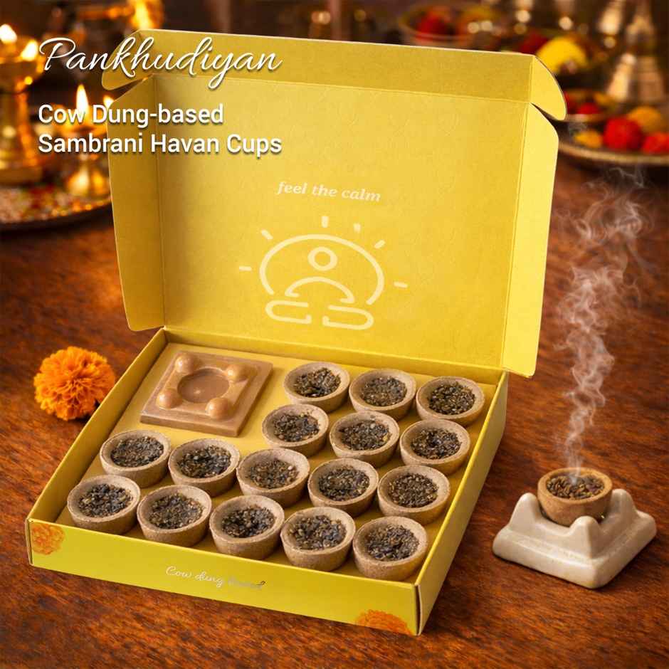 Pankhudiyan Natural Sambrani Havan Cups Cow Dung Based + Ceramic Holder
