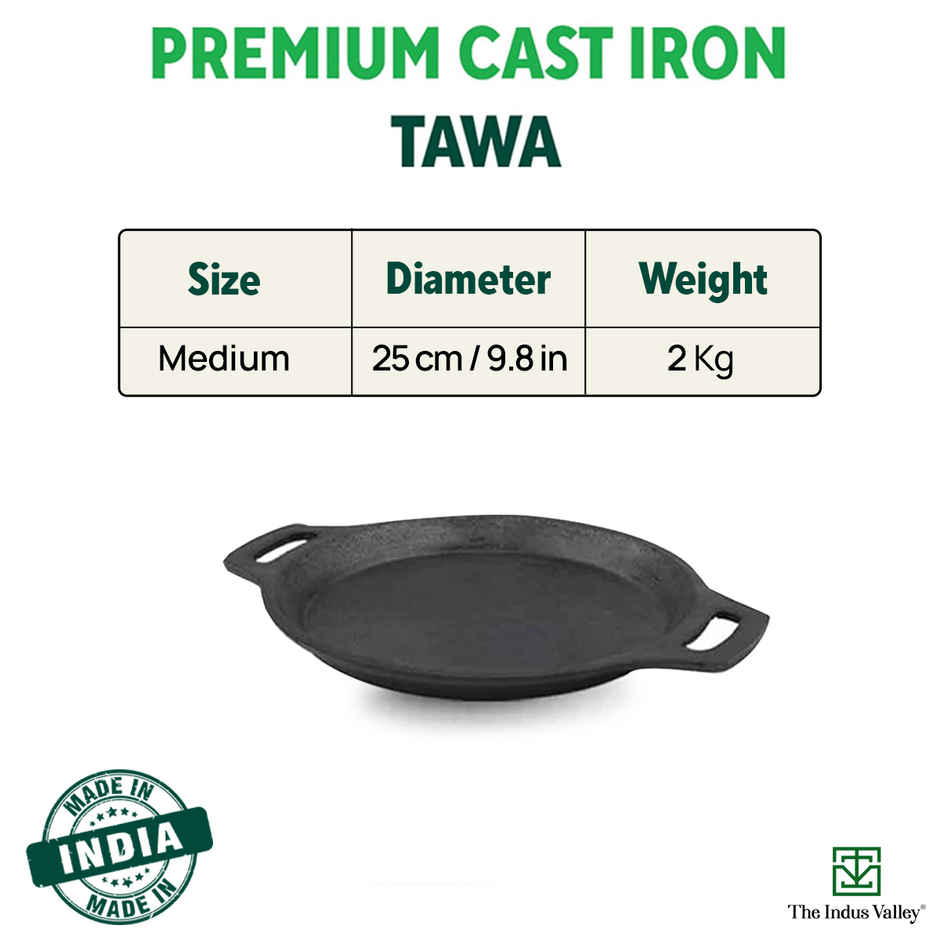 The Indus Valley Preseasoned Cast Iron Fish Fry Pan With Double Handle | Medium 25Cm/ 9.8Inch, 2Kg