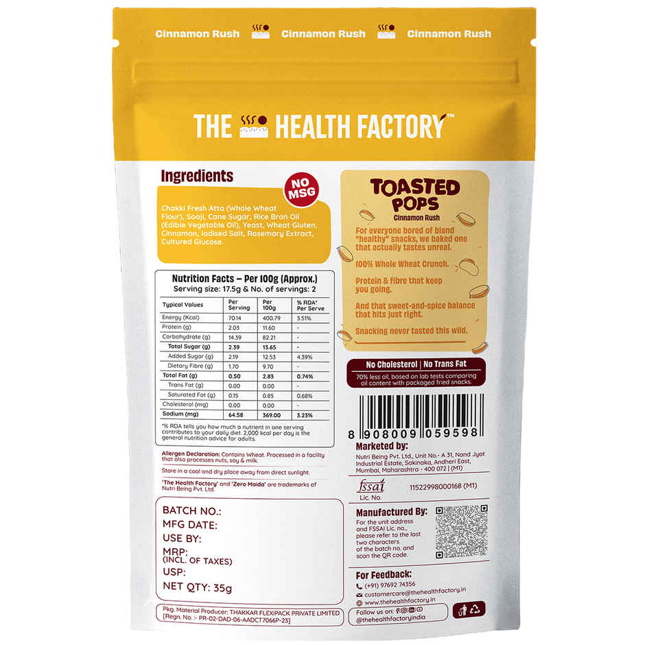 The Health Factory Toasted Pops Cinnamon Rush | Zero Maida | Baked Snack