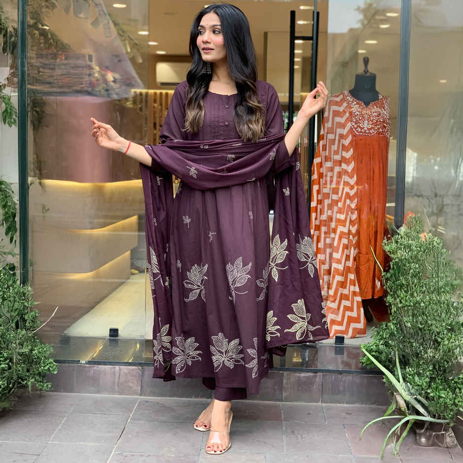GoSriKi Women's Viscose Rayon Anarkali Printed Kurta with Pant & Dupatta | GANGORI | Wine - L