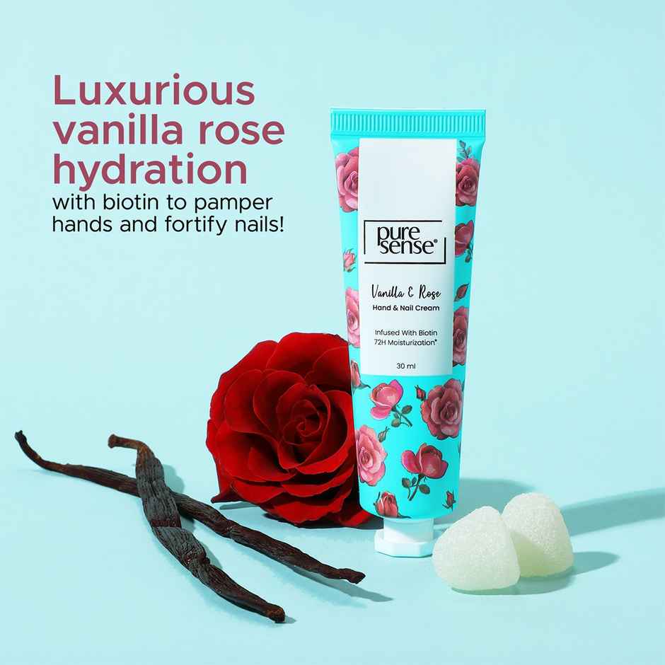 Puresense Vanilla & Rose Non-Sticky Hand And Nail Cream Infused With Biotin, Glycerin