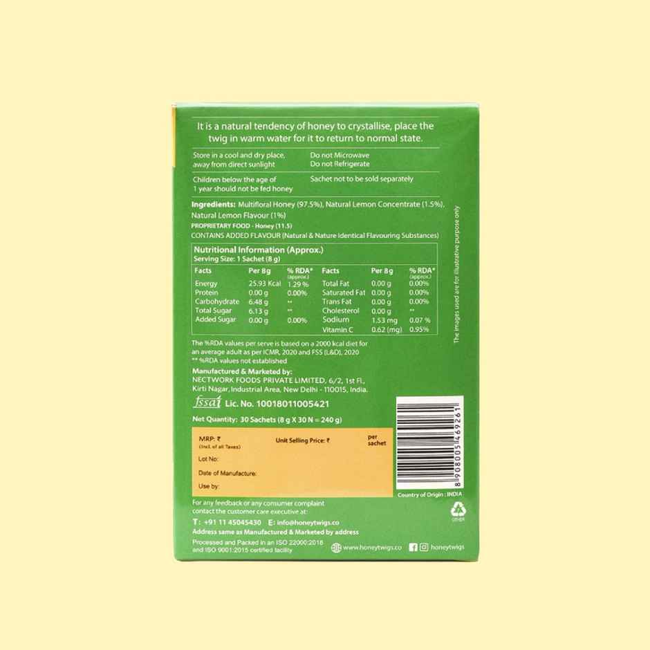 Honey Twigs Lemon Infused Honey | 30 Twigs Pack