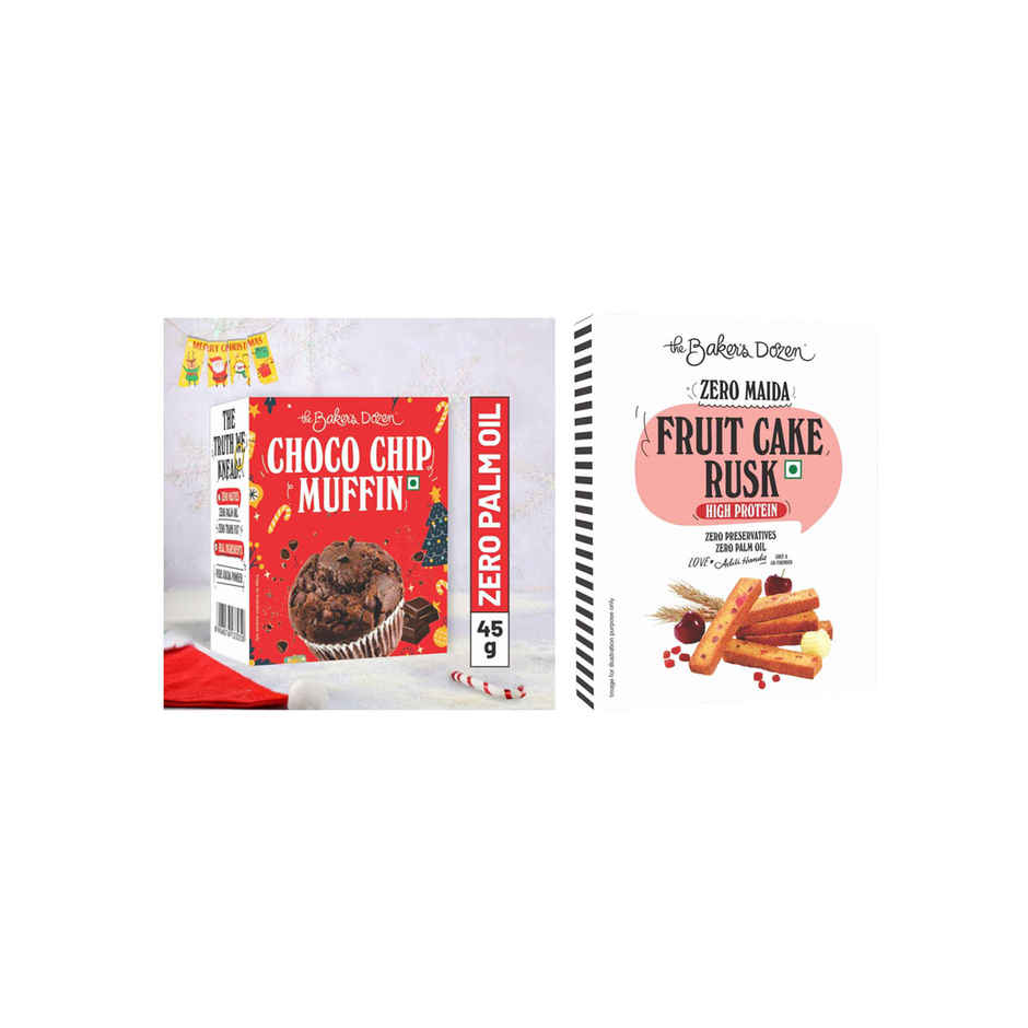 The Baker'S Dozen Choco Chip Muffin | Soft & Chocolatey (45g) & The Baker'S Dozen Zero Maida Fruit Cake Rusk - High Protein (100g) Combo