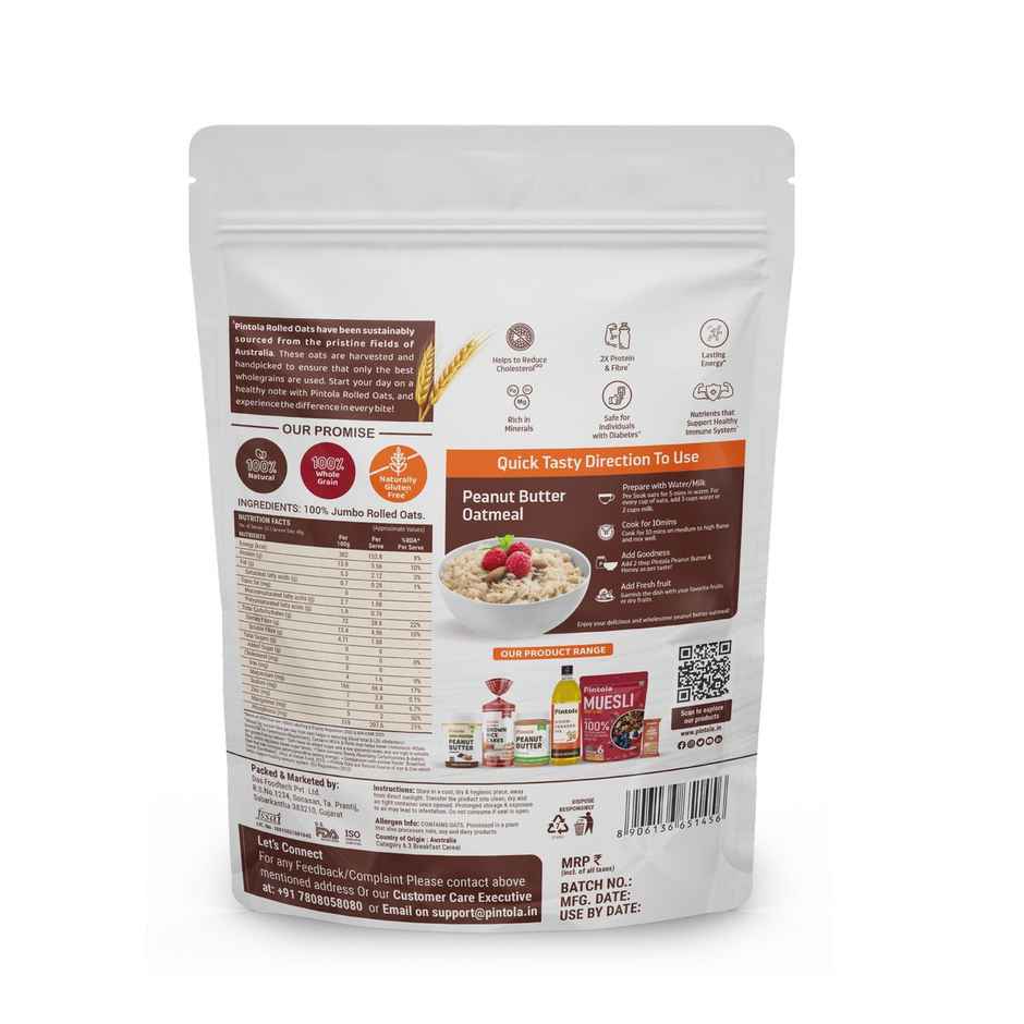 Pintola Oats 100% Jumbo Rolled Oats, Wholegrain, Gluten Free, High Fibre & Protein, Nutritious