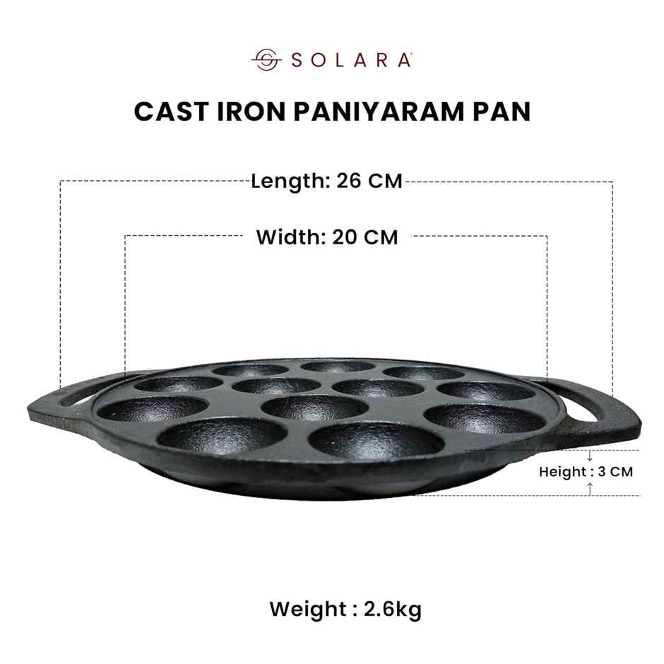 Solara Pre Seasoned Cast Iron Paniyaram Pan With 12 Cavities (8 Inch, 20 Cm)