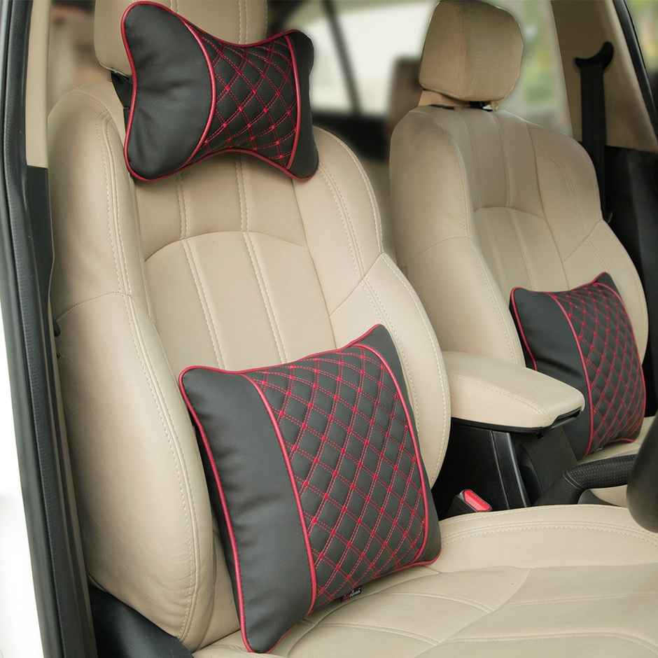 Autofurnish 7D Quilted Designer Premium Universal Backrest Cushion | AF|6850 | Set of 2 | Black Red