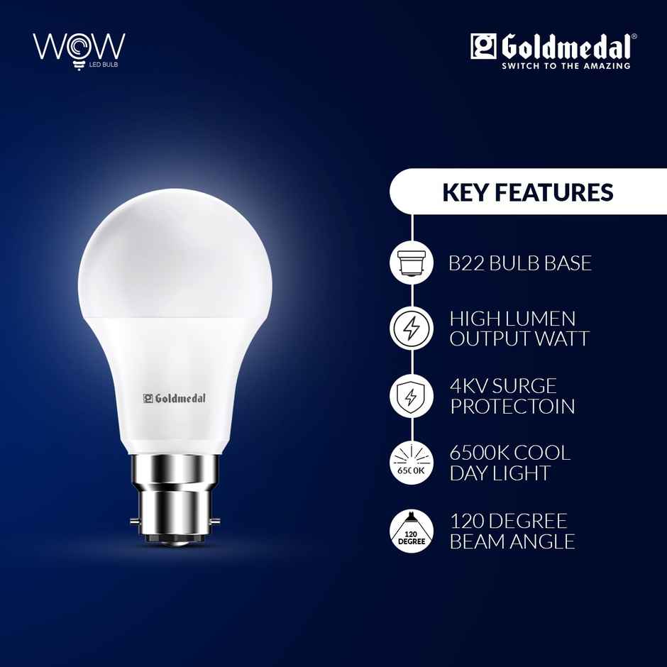 Gold Medal WOW 9W B22 Base LED Bulb For Home & Office | 230 Degree Light Coverage | 4kV Surge Protection | High Voltage Protection | Energy Efficient