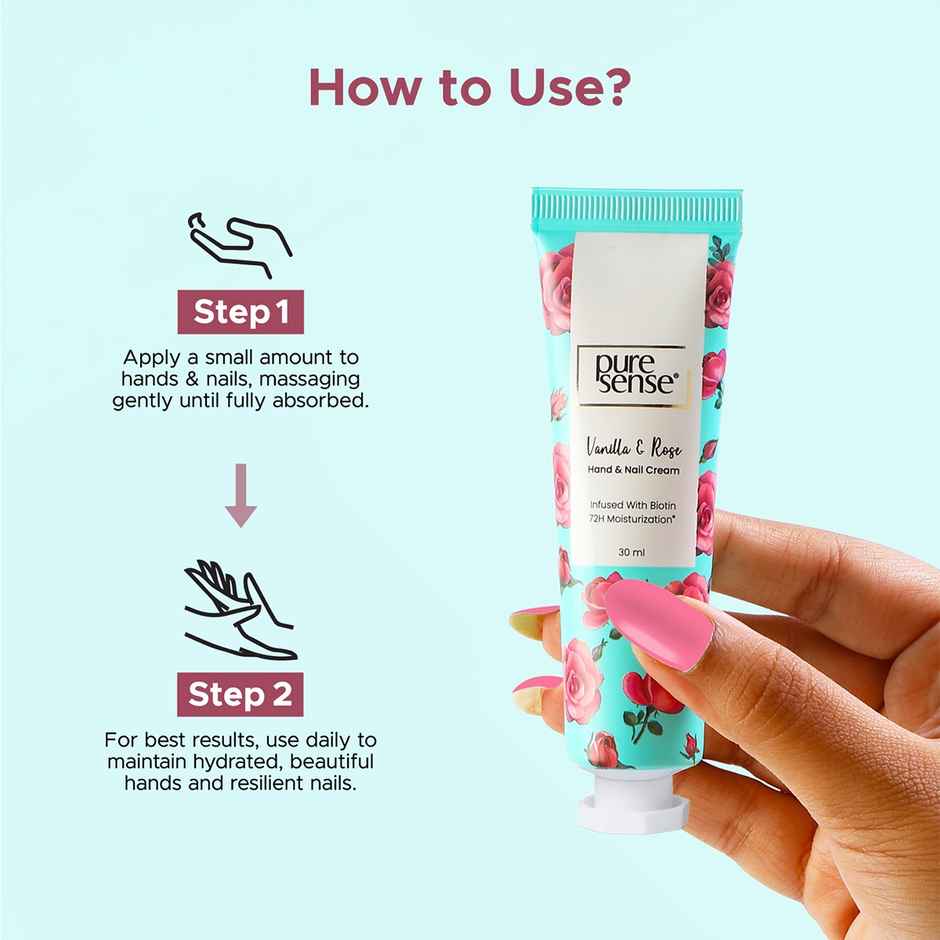 Puresense Vanilla & Rose Non-Sticky Hand And Nail Cream Infused With Biotin, Glycerin