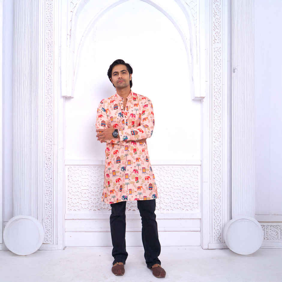 House Of Festivals Men's Printed Cotton Blend Ethnic Design Long Kurta | Multicolor - M