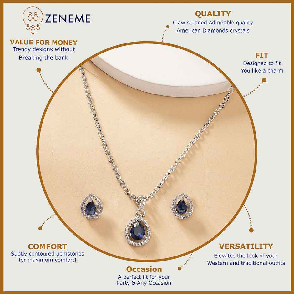 Zeneme Rhodium-Plated AD Studded Tear Drop Shaped Necklace and Earrings For Women & Girls